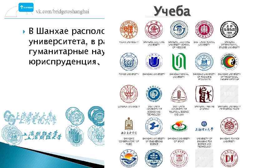 Учеба В Шанхае расположено 74 международных университета, в различных направлениях: гуманитарные науки、менеджмент、 юриспруденция、финансы、медицина、спорт 