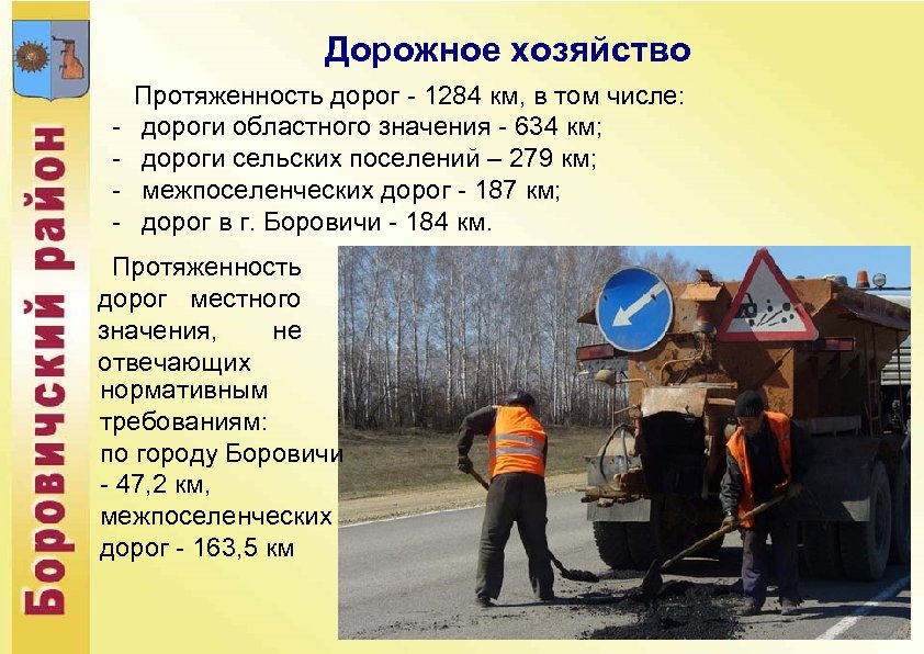 Дорожное хозяйство Протяженность дорог - 1284 км, в том числе: - дороги областного значения