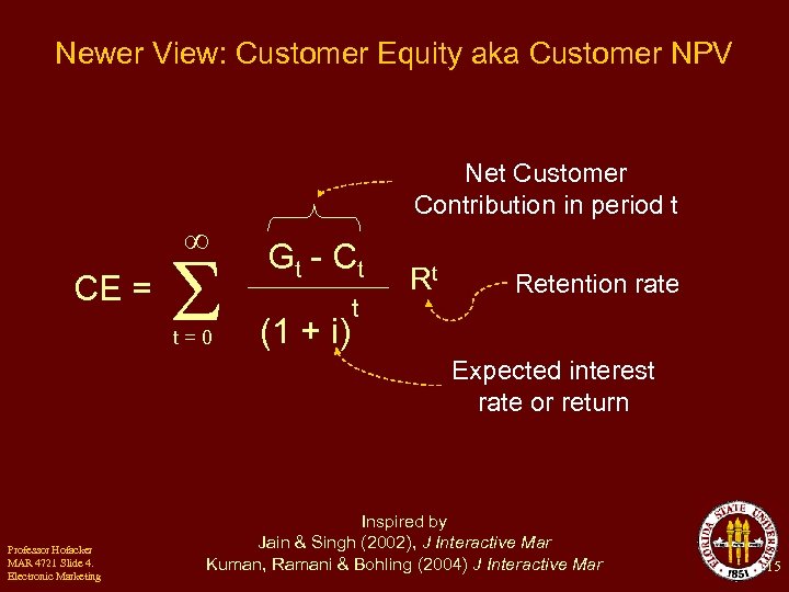Newer View: Customer Equity aka Customer NPV CE = t=0 Net Customer Contribution in