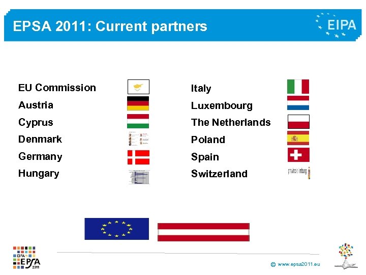 EPSA 2011: Current partners EU Commission Italy Austria Luxembourg Cyprus The Netherlands Denmark Poland