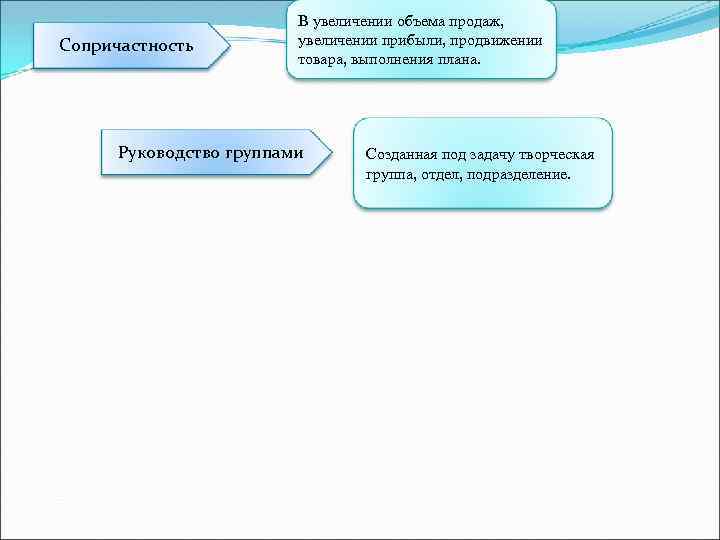 Сопричастность В увеличении объема продаж, увеличении прибыли, продвижении товара, выполнения плана. Руководство группами Созданная