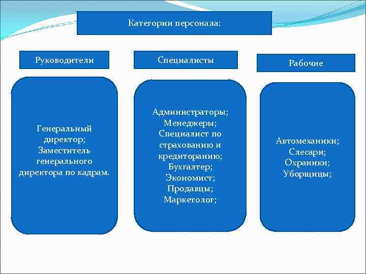 Категории персонала: Руководители Генеральный директор; Заместитель генерального директора по кадрам. Специалисты Администраторы; Менеджеры; Специалист