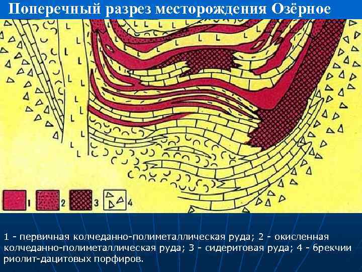 Поперечный разрез месторождения Озёрное 1 - первичная колчеданно-полиметаллическая руда; 2 - окисленная колчеданно-полиметаллическая руда;