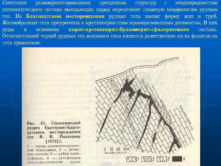 Сочетание разноориентированных трещинных структур с неоднородностью литологического состава вмещающих пород определяют сложную морфологию рудных