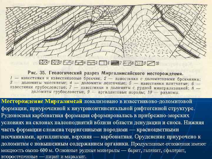 Месторождение Миргалимсай локализовано в известняково доломитовой формации, приуроченной к внутриконтинентальной рифтогенной структуре. Рудоносная карбонатная