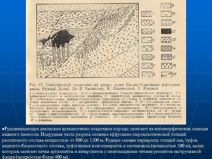 n. Рудовмещающие девонские вулканогенно осадочные породы залегают на метаморфических сланцах нижнего палеозоя. Подрудная часть