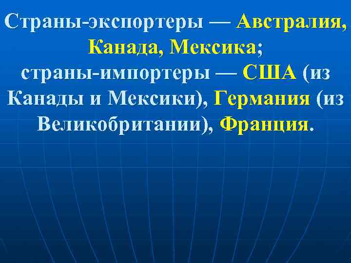 Страны-экспортеры — Австралия, Канада, Мексика; страны-импортеры — США (из Канады и Мексики), Германия (из