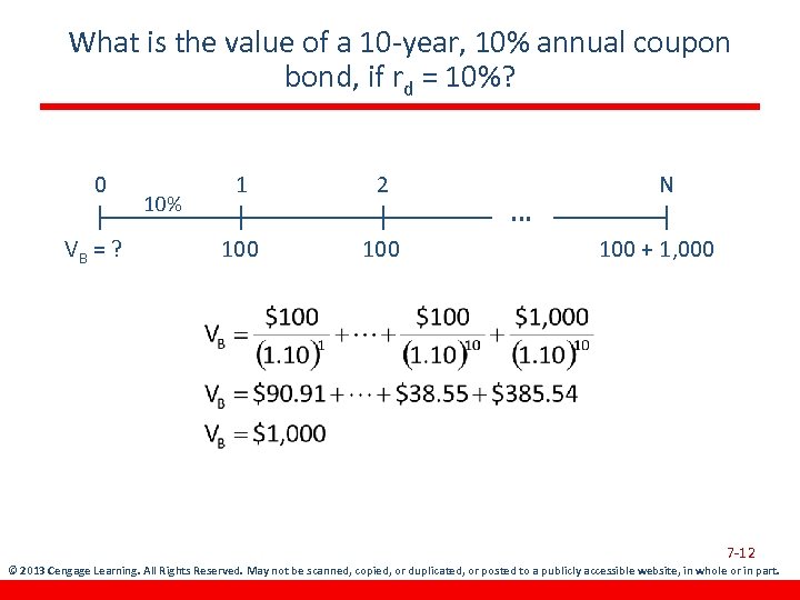 What is the value of a 10 -year, 10% annual coupon bond, if rd