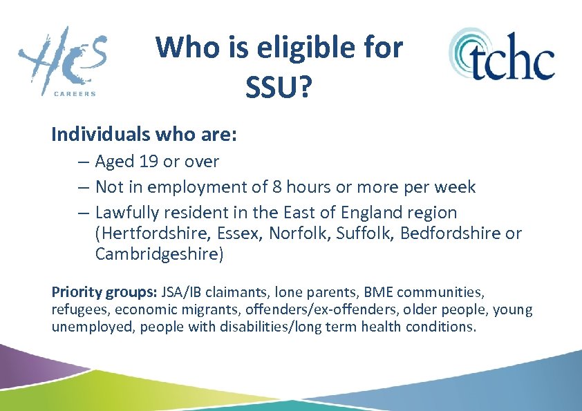 Who is eligible for SSU? Individuals who are: – Aged 19 or over –
