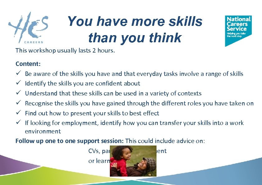 You have more skills than you think This workshop usually lasts 2 hours. Content: