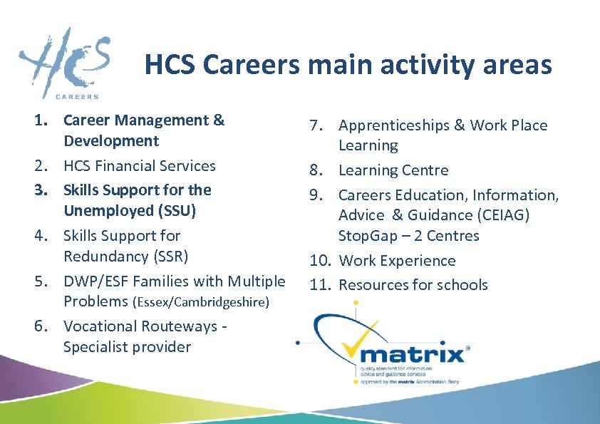 HCS Careers main activity areas 1. Career Management & Development 2. HCS Financial Services
