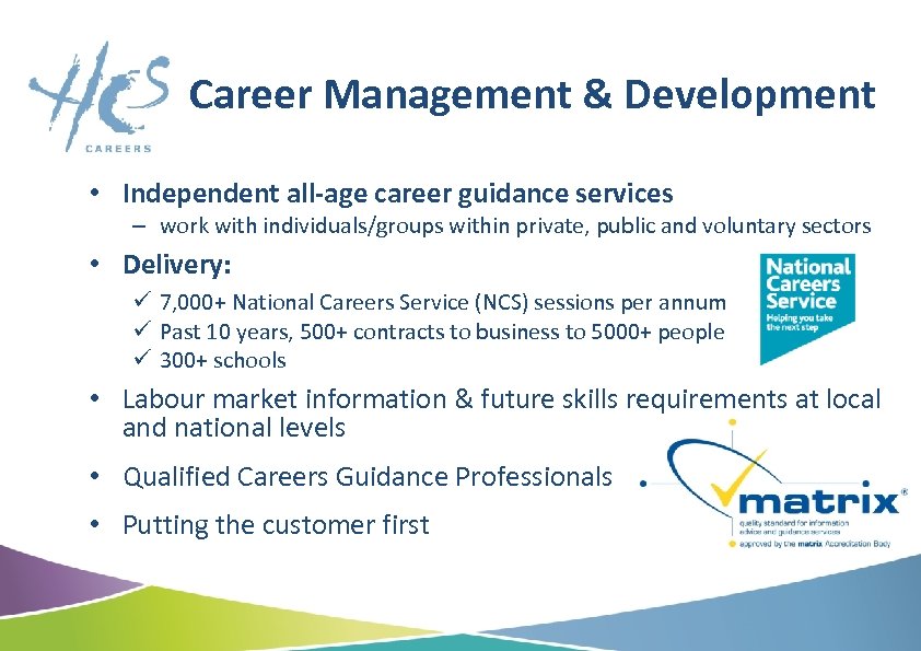 Career Management & Development • Independent all-age career guidance services – work with individuals/groups