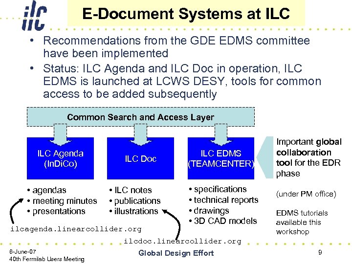 E-Document Systems at ILC • Recommendations from the GDE EDMS committee have been implemented
