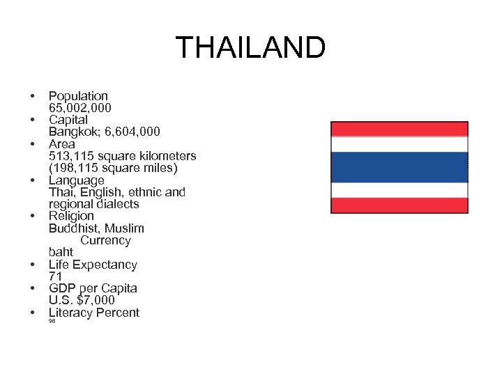 THAILAND • • Population 65, 002, 000 Capital Bangkok; 6, 604, 000 Area 513,