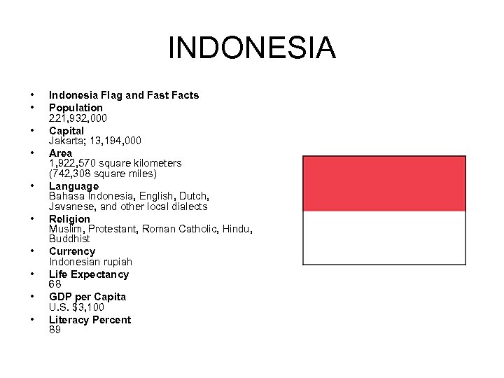 INDONESIA • • • Indonesia Flag and Fast Facts Population 221, 932, 000 Capital