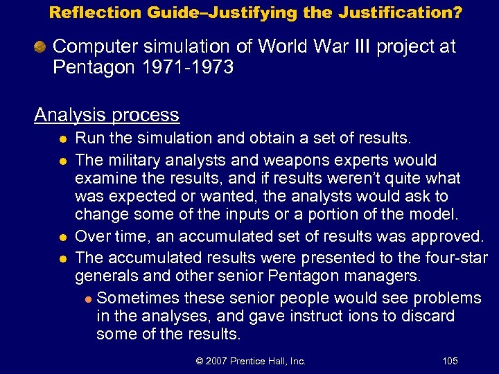 Reflection Guide–Justifying the Justification? Computer simulation of World War III project at Pentagon 1971