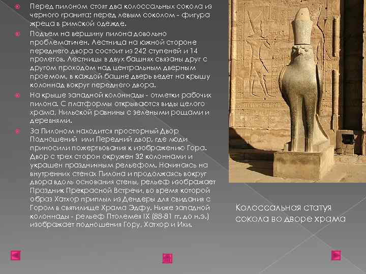  Перед пилоном стоят два колоссальных сокола из черного гранита; перед левым соколом -