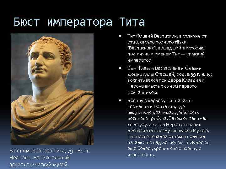 Бюст императора Тита Сын Флавия Веспасиана и Флавии Домициллы Старшей, род. в 39 г.