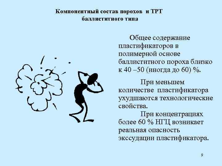 Компонентный состав порохов и ТРТ баллиститного типа Общее содержание пластификаторов в полимерной основе баллиститного