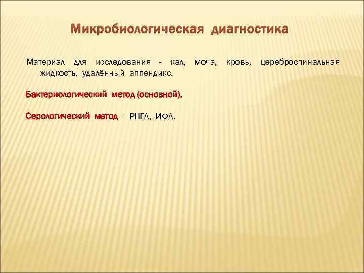 Микробиологическая диагностика Материал для исследования - кал, моча, кровь, цереброспинальная жидкость, удалённый аппендикс. Бактериологический