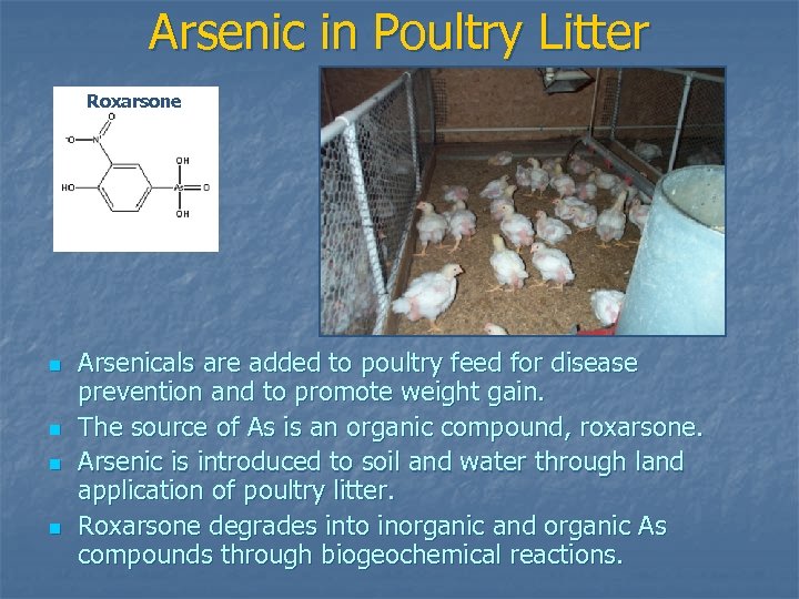 Arsenic in Poultry Litter Roxarsone n n Arsenicals are added to poultry feed for