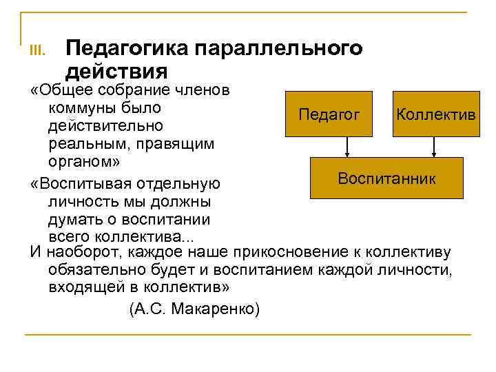 III. Педагогика параллельного действия «Общее собрание членов коммуны было Педагог Коллектив действительно реальным, правящим