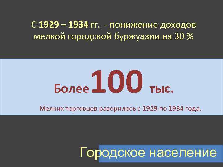 С 1929 – 1934 гг. - понижение доходов мелкой городской буржуазии на 30 %