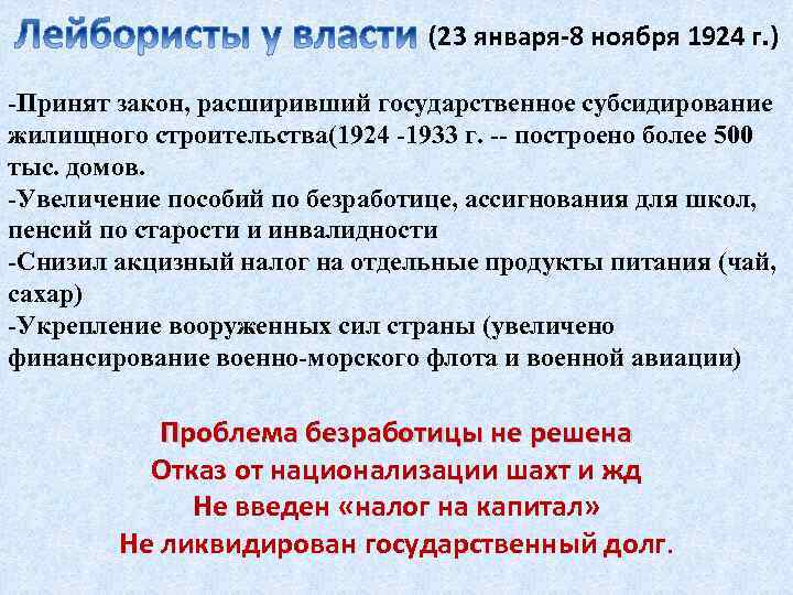 (23 января-8 ноября 1924 г. ) -Принят закон, расширивший государственное субсидирование жилищного строительства(1924 -1933