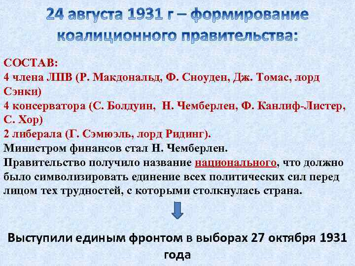 СОСТАВ: 4 члена ЛПВ (Р. Макдональд, Ф. Сноуден, Дж. Томас, лорд Сэнки) 4 консерватора