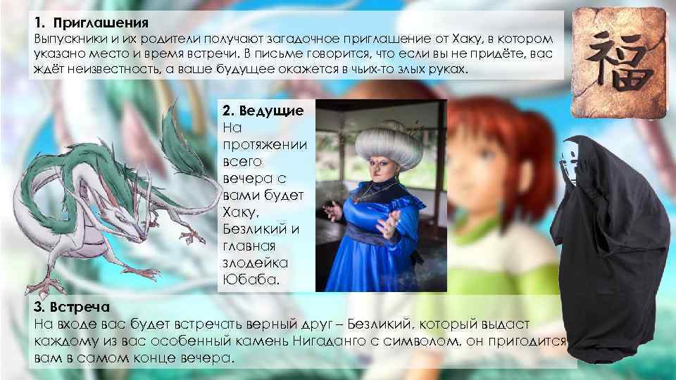 1. Приглашения Выпускники и их родители получают загадочное приглашение от Хаку, в котором указано