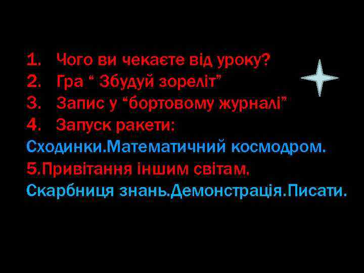 1. Чого ви чекаєте від уроку? 2. Гра “ Збудуй зореліт” 3. 3 апис