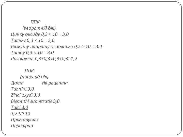 ППК (зворотній бік) Цинку оксиду 0, 3 × 10 = 3, 0 Тальку 0,