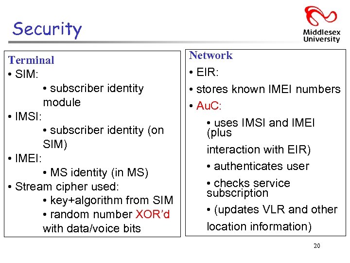 Security Terminal • SIM: • subscriber identity module • IMSI: • subscriber identity (on