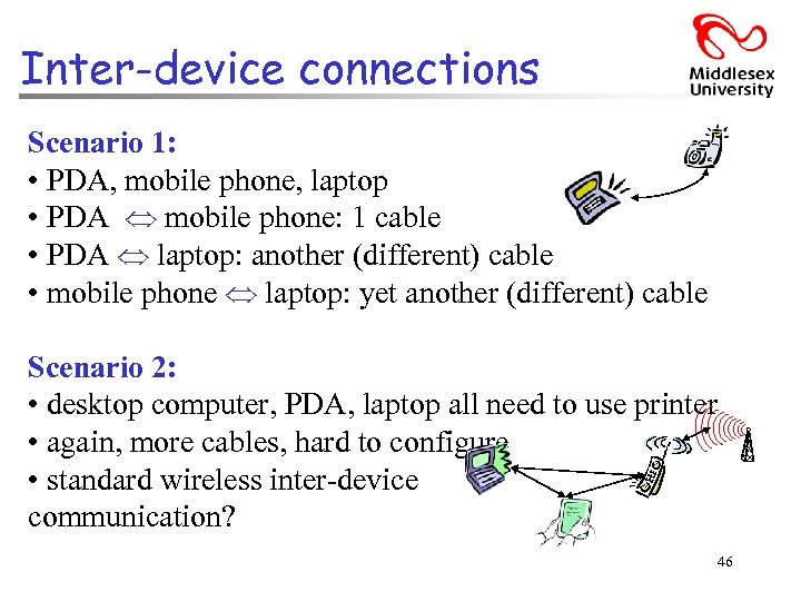 Inter-device connections Scenario 1: • PDA, mobile phone, laptop • PDA mobile phone: 1