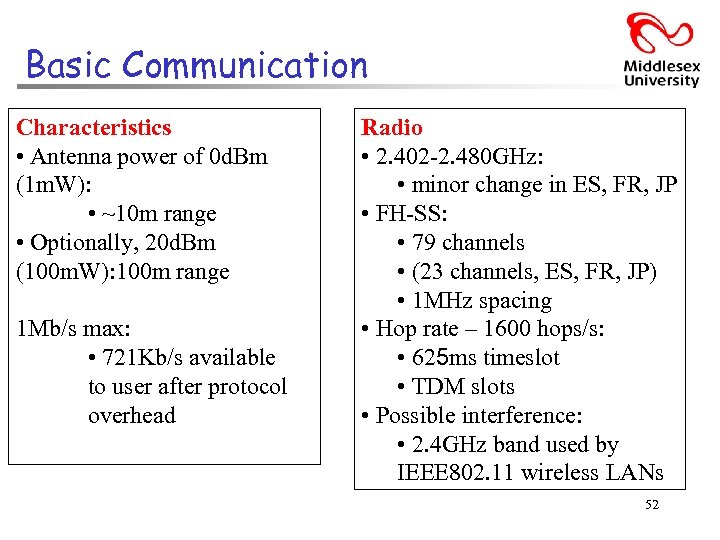 Basic Communication Characteristics • Antenna power of 0 d. Bm (1 m. W): •