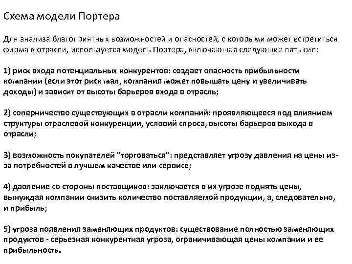 Схема модели Портера Для анализа благоприятных возможностей и опасностей, с которыми может встретиться фирма