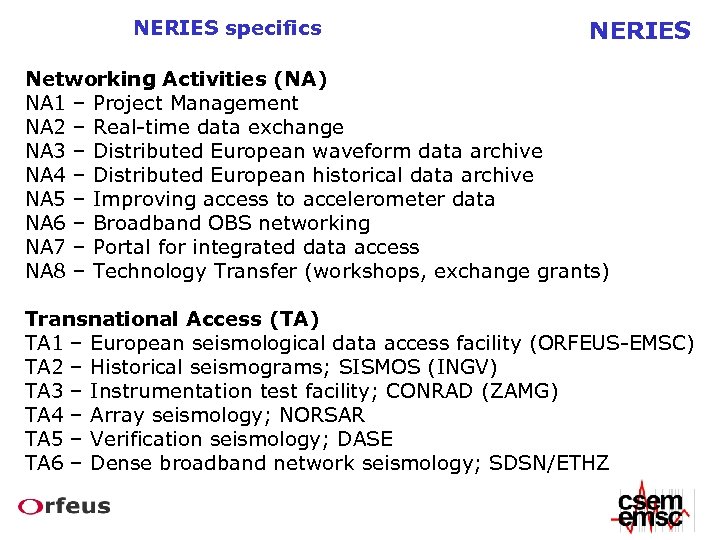 NERIES specifics NERIES Networking Activities (NA) NA 1 – Project Management NA 2 –