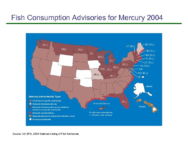 Fish Consumption Advisories for Mercury 2004 Source: US EPA, 2004 National Listing of Fish