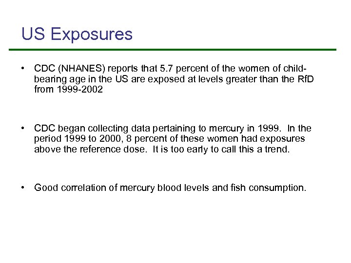 US Exposures • CDC (NHANES) reports that 5. 7 percent of the women of