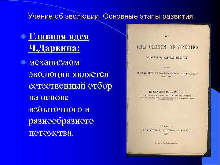 Учение об эволюции. Основные этапы развития. l Главная идея Ч. Дарвина: l механизмом эволюции