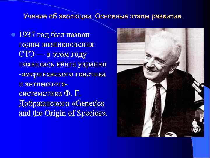 Учение об эволюции. Основные этапы развития. l 1937 год был назван годом возникновения СТЭ