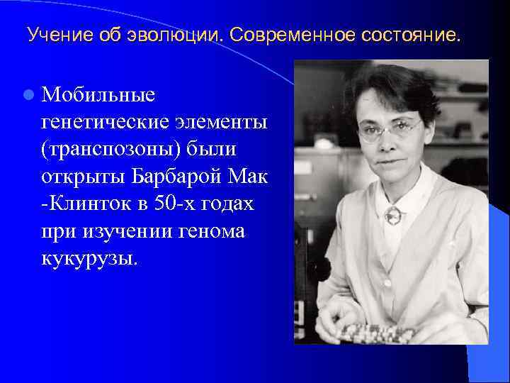 Учение об эволюции. Современное состояние. l Мобильные генетические элементы (транспозоны) были открыты Барбарой Мак