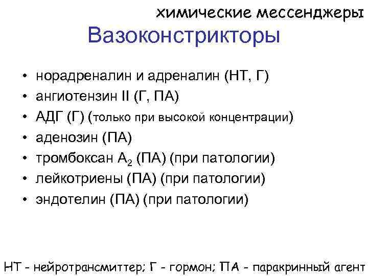 химические мессенджеры Вазоконстрикторы • • норадреналин и адреналин (НТ, Г) ангиотензин II (Г, ПА)