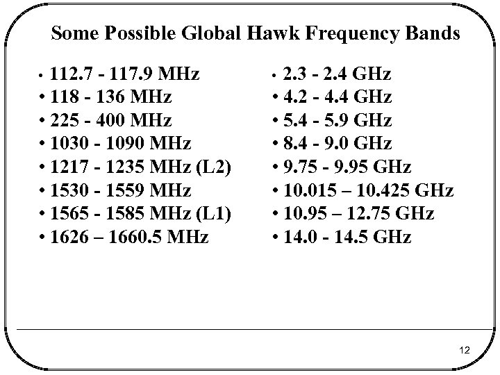 Some Possible Global Hawk Frequency Bands • 112. 7 - 117. 9 MHz •