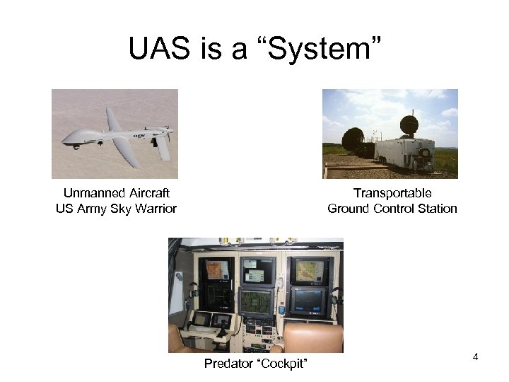 UAS is a “System” Unmanned Aircraft US Army Sky Warrior Transportable Ground Control Station