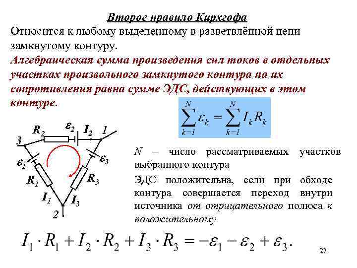 Второе правило Кирхгофа Относится к любому выделенному в разветвлённой цепи замкнутому контуру. Алгебраическая сумма