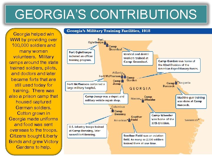 GEORGIA’S CONTRIBUTIONS Georgia helped win WWI by providing over 100, 000 soldiers and many