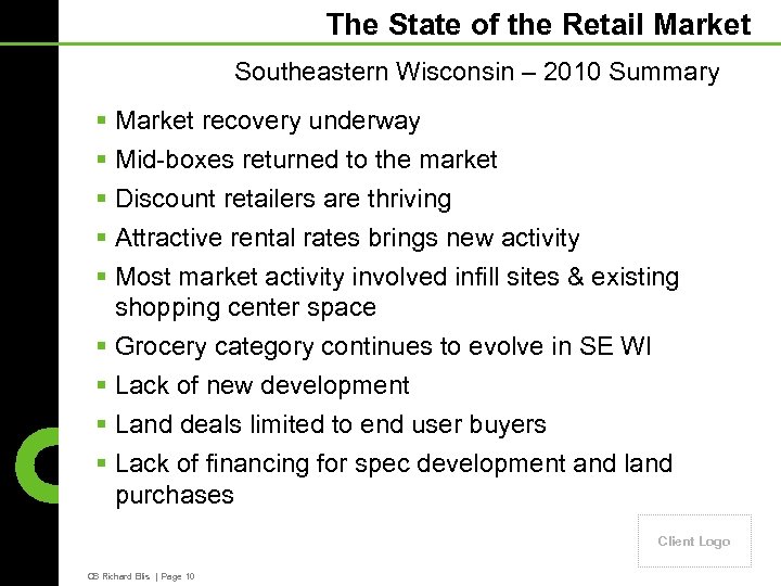 The State of the Retail Market Southeastern Wisconsin – 2010 Summary § Market recovery