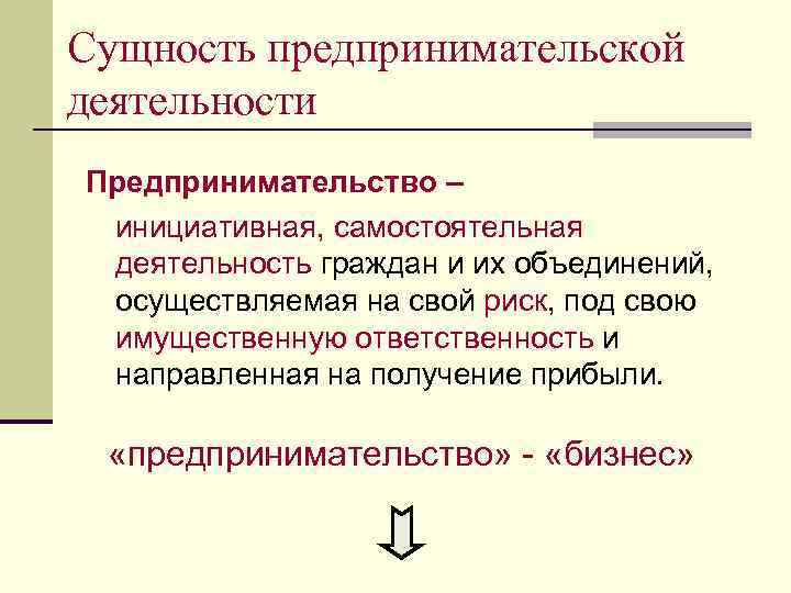 Сущность предпринимательской деятельности Предпринимательство – инициативная, самостоятельная деятельность граждан и их объединений, осуществляемая на