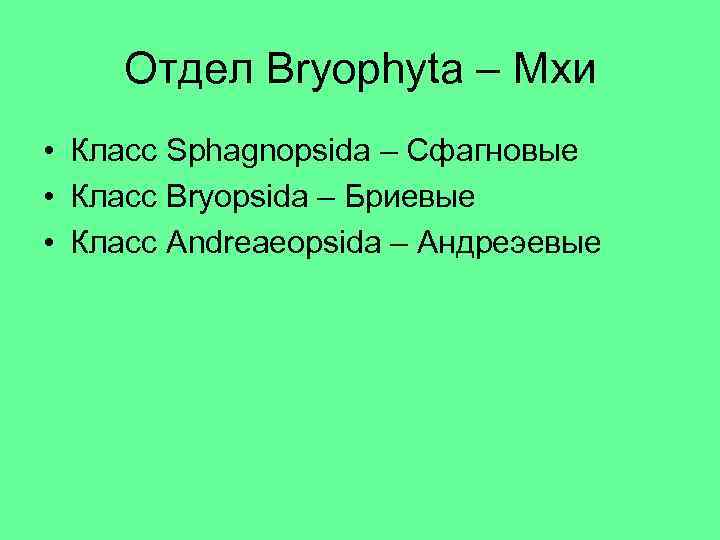 Отдел Bryophyta – Мхи • Класс Sphagnopsida – Сфагновые • Класс Bryopsida – Бриевые